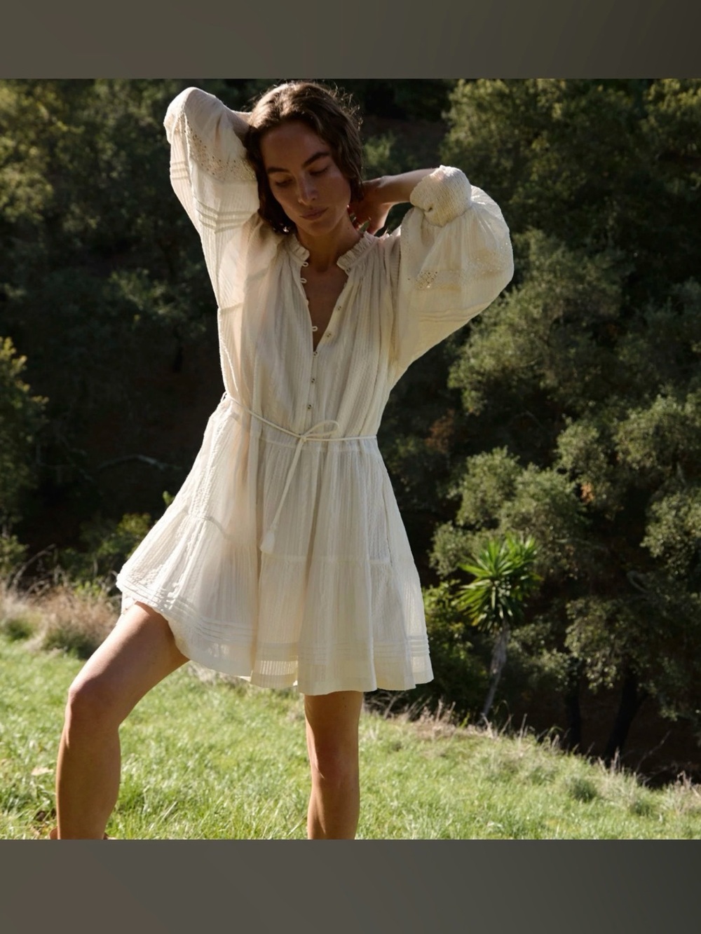 White Long-Sleeve Tiered Cleobella Mini Dress - Picture 2 of 13